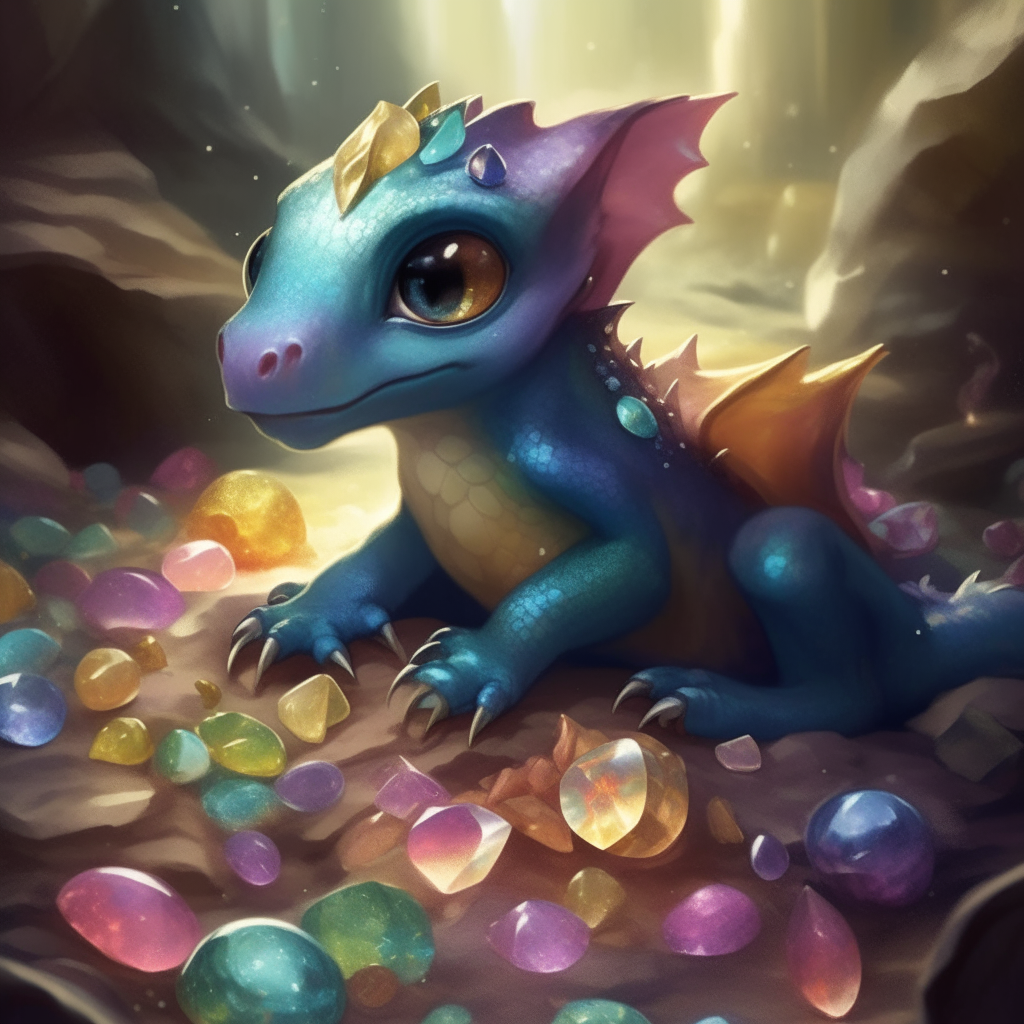 A curious dragon hatchling investigating a pile of glittering gemstones