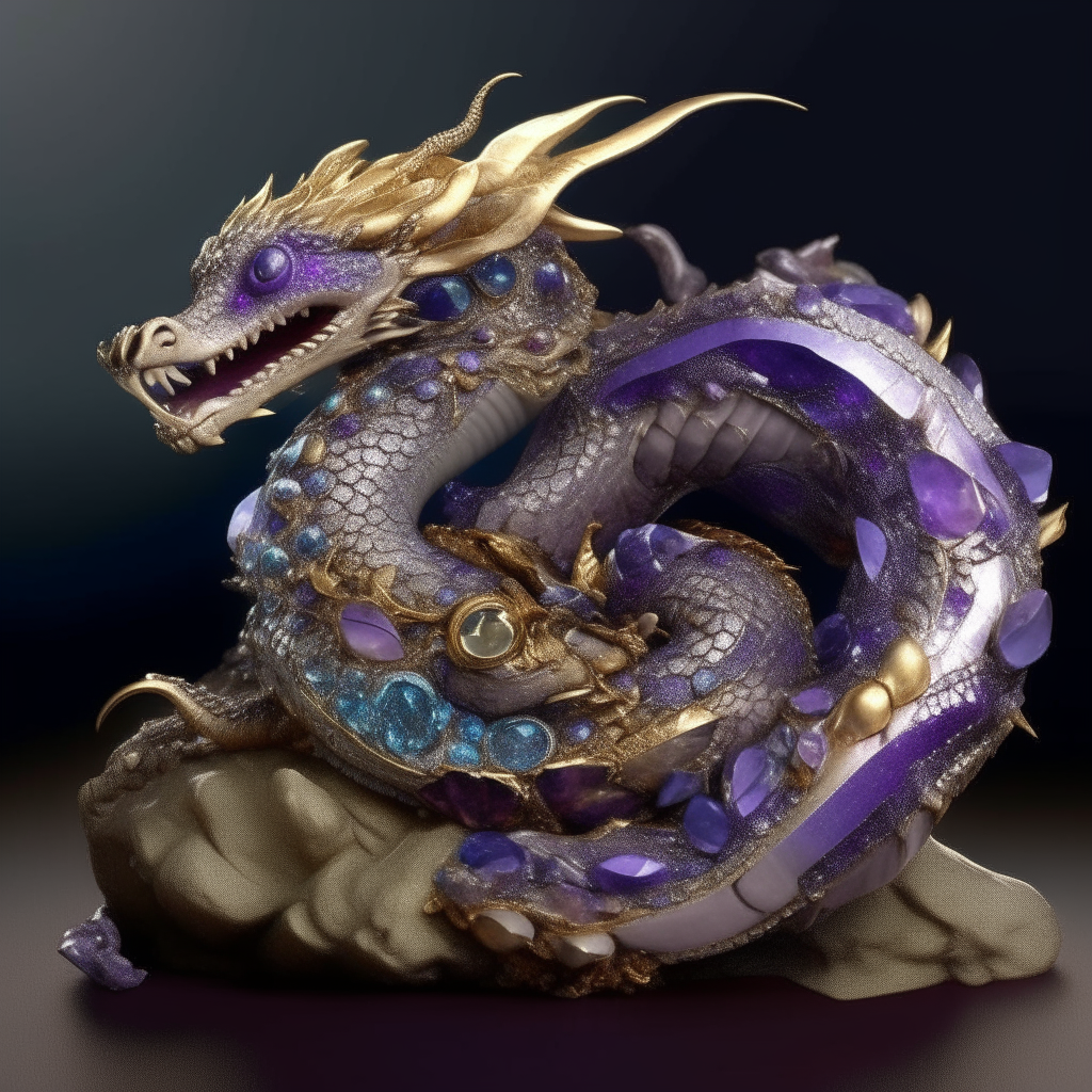 A dragon coiled around its hoard of treasures, including diamonds, sapphires and amethysts