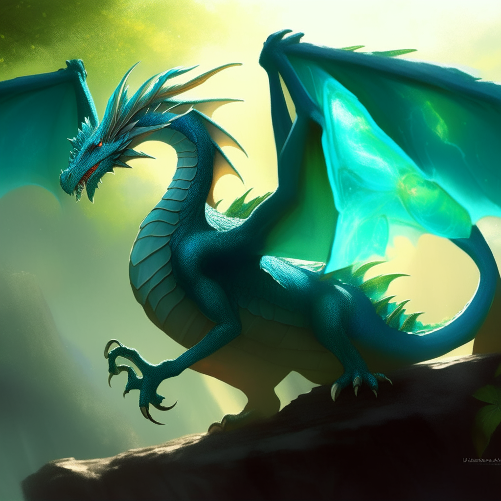 A dragon with blue wings admiring an emerald held up to the sunlight