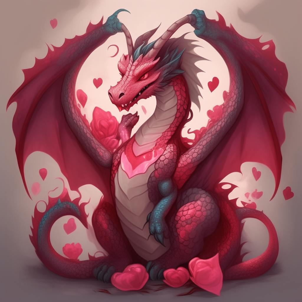 A majestic dragon with red scales and wings, surrounded by pink hearts