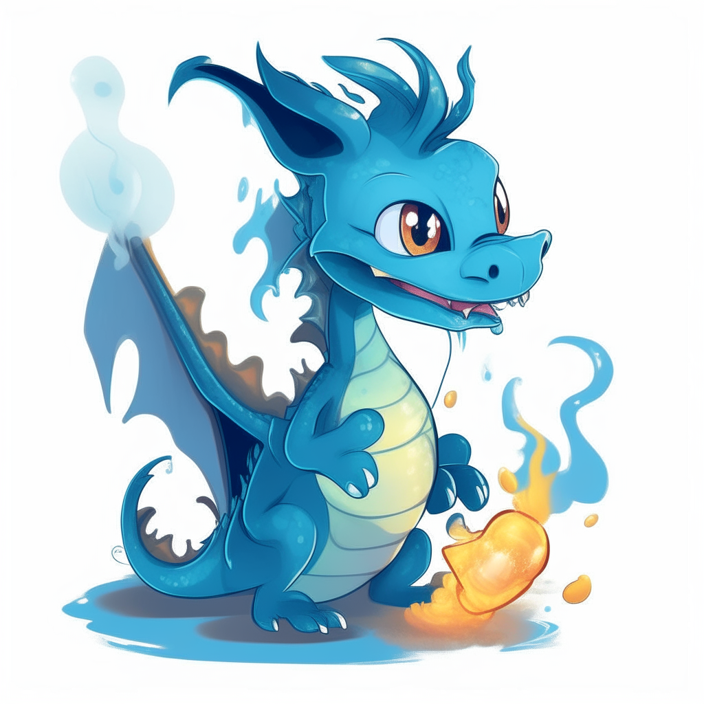 A cartoon dragon breathing blue fire, with hearts in its eyes