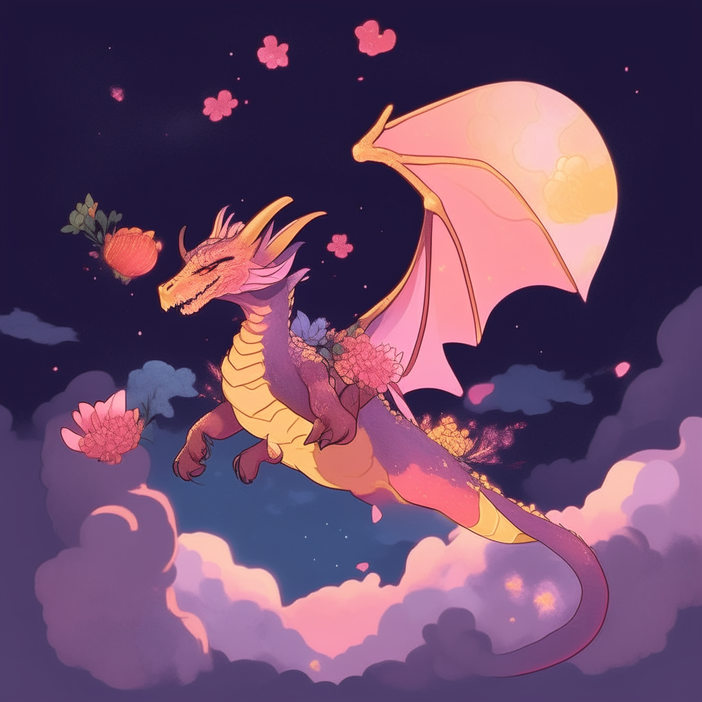An anime-style dragon flying through the night sky, carrying a bouquet of hearts