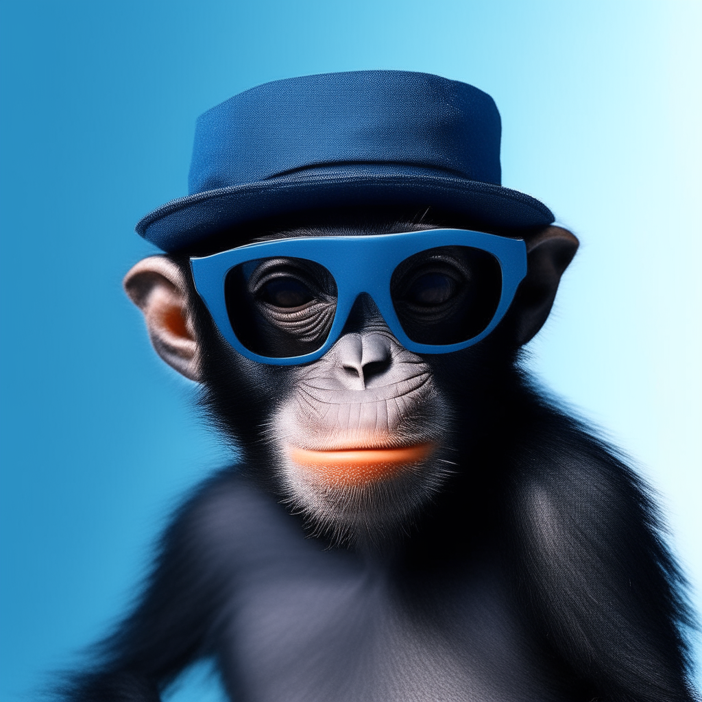 A black-haired monkey wearing black sunglasses and a backwards blue hat, posing coolly against a plain background