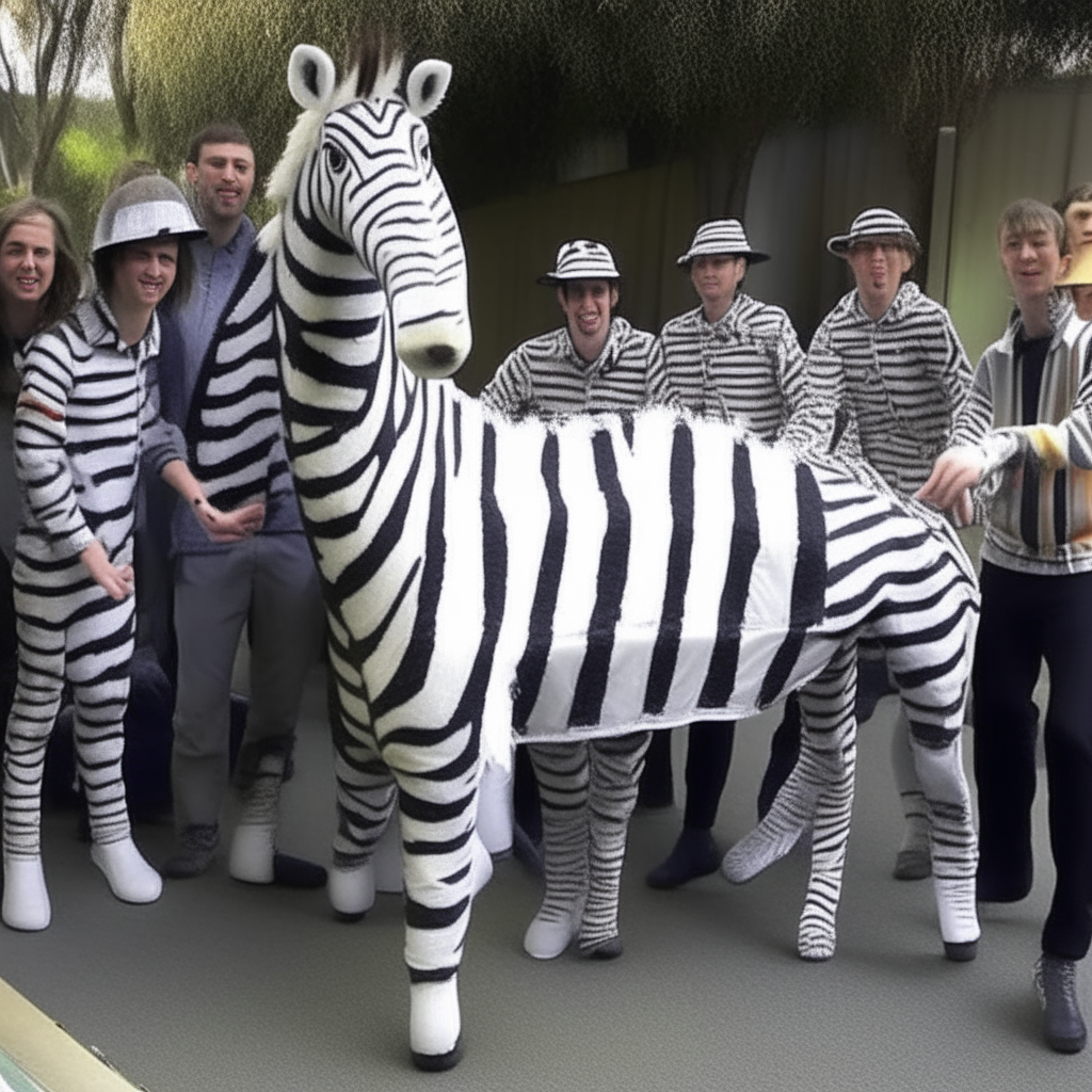 I uploaded an image captioned "a group of people standing around a zebra costume"