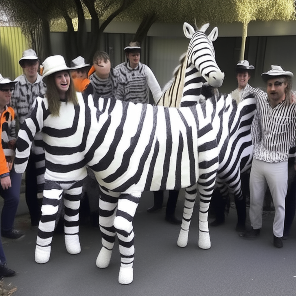 I uploaded an image captioned "a group of people standing around a zebra costume"
