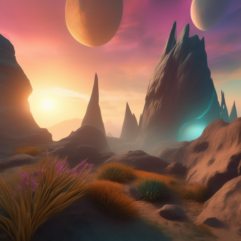 A realistic alien landscape with unusual rock formations and colorful plants under two suns