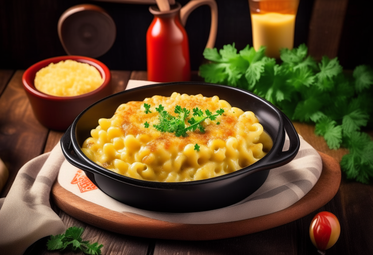 A hearty serving of creamy macaroni and cheese baked to perfection in a cast iron skillet, garnished with chopped parsley on a wooden table with an american flag and red checkered tablecloth, photorealistic