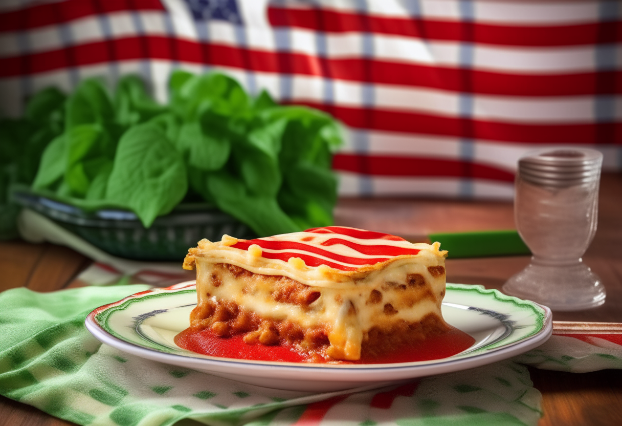 A slice of veggie lasagna with layers of pasta, tomato sauce, cheese, and basil on a rustic wooden table with an american flag and checkered tablecloth, photorealistic