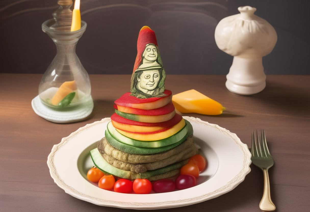 A vertical slice of ratatouille with layered vegetables including tomato, zucchini, eggplant and bell pepper arranged on a plate, with a miniature Statue of Liberty figurine on a rustic wooden table with lace tablecloth, photorealistic