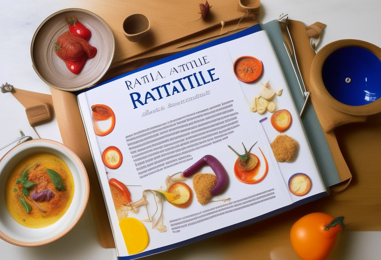 A page from a recipe book with a title Ratatouille and a list of ingredients and instructions for making ratatouille