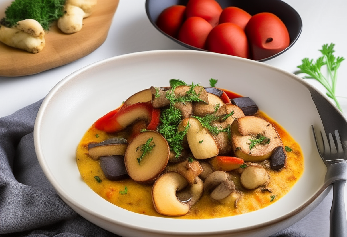 A bowl of creamy polenta topped with sautéed mushrooms and fresh thyme, served next to a slice of ratatouille