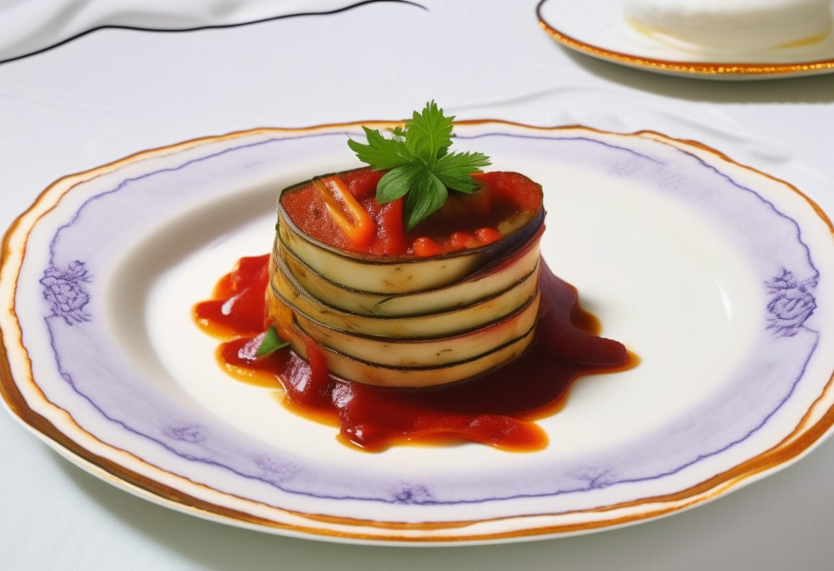 A white porcelain plate with a slice of ratatouille made of layered vegetables including eggplant, zucchini, bell peppers and onions, with tomato sauce and herbs, on a lace tablecloth