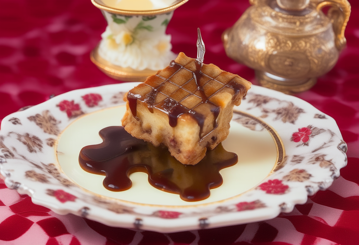 A square of bread pudding drizzled with bourbon sauce on a vintage floral plate next to a mini banjo figurine, on a red and white checkered tablecloth background