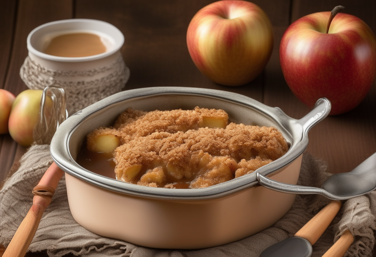 A warm apple crisp with caramelized apple slices topped with oats and cinnamon in a ceramic baking dish next to a vintage apple peeler on a wooden table with checkered tablecloth