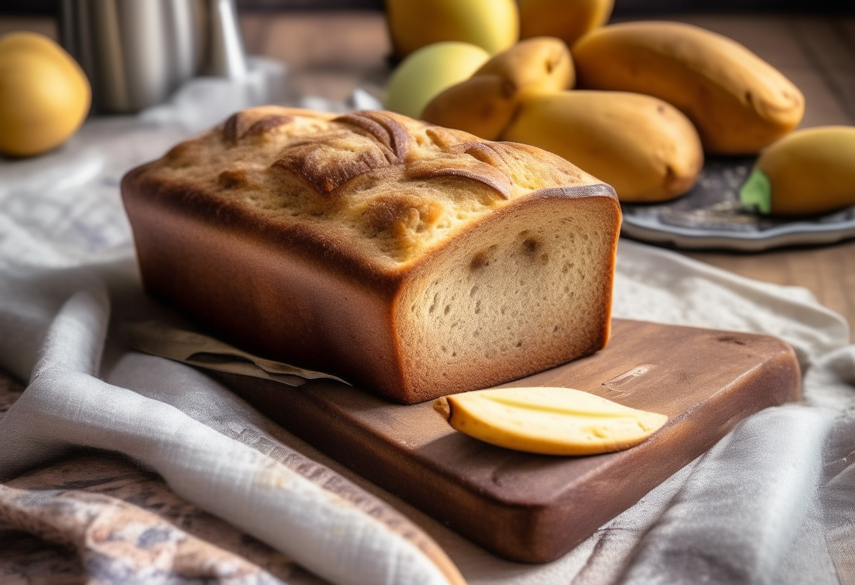 A freshly baked banana bread loaf with banana slices scattered around it next to a rolling pin on a kitchen table with checkered tablecloth