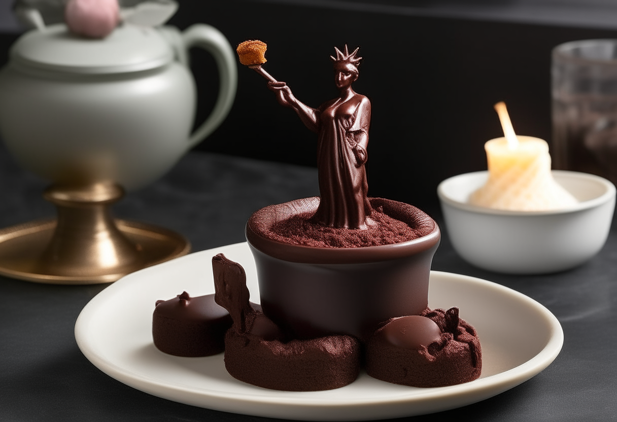 A ramekin with a molten chocolate lava cake dusted with cocoa powder next to a miniature Statue of Liberty on a dessert table