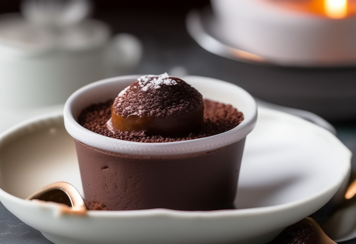 A ramekin with a molten chocolate lava cake dusted with cocoa powder on a dessert table