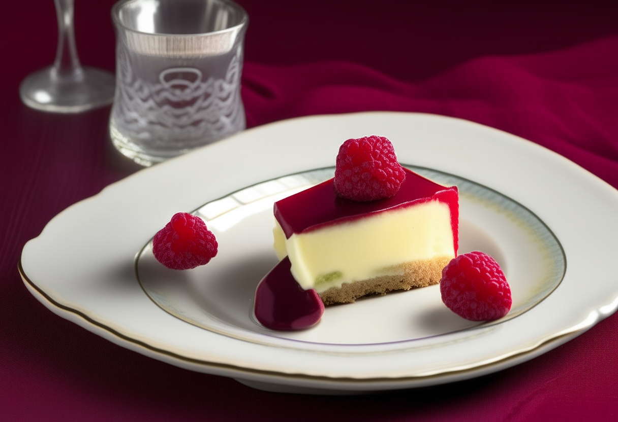 A slice of creamy cheesecake with raspberry coulis and fresh raspberries on a white dessert plate next to a miniature american flag on a table with fine china