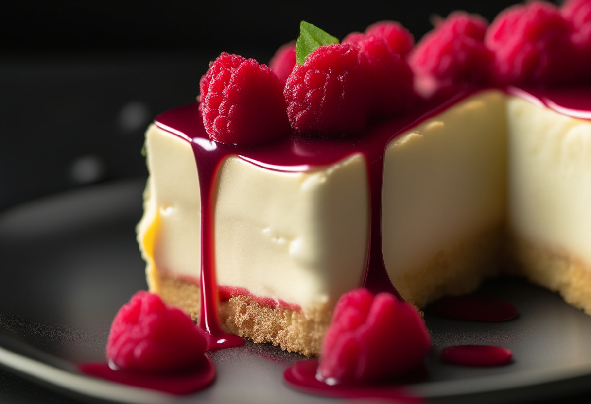 A close-up view of a slice of creamy cheesecake with raspberry coulis cascading down the sides, decorated with fresh raspberries