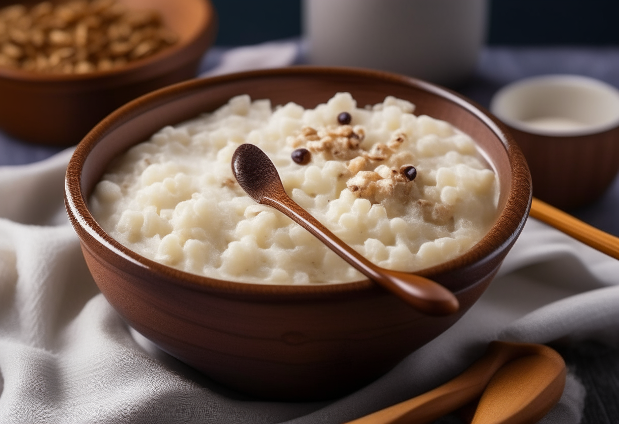 A ceramic bowl filled with creamy rice pudding topped with cinnamon and raisins, next to a wooden spoon on a kitchen table with checkered tablecloth