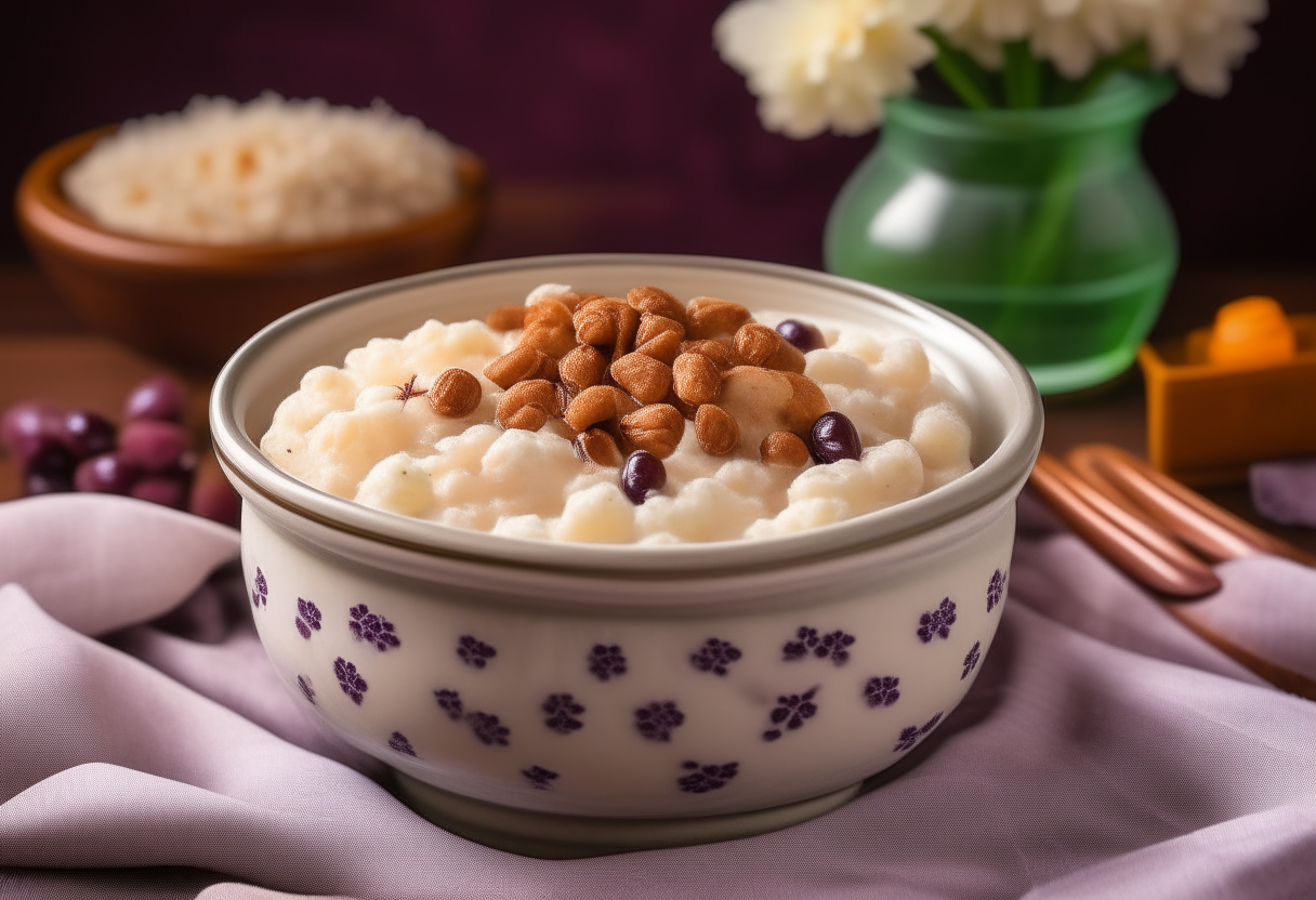 A vintage floral ceramic bowl filled with creamy cinnamon rice pudding topped with raisins on a kitchen table with checkered tablecloth