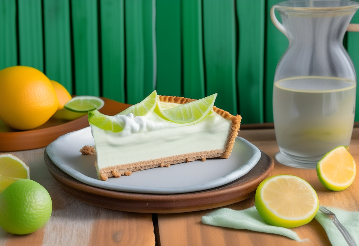 A slice of key lime pie with whipped cream topping and lime wedges next to a wooden citrus juicer on a table with coastal tablecloth