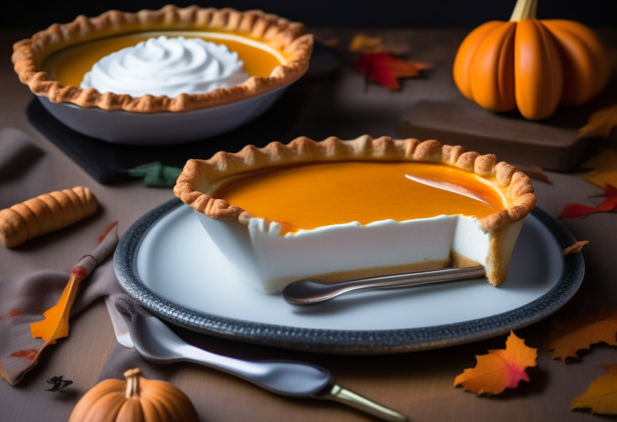 A slice of pumpkin pie with whipped cream in a pie dish next to a rolling pin on a table with autumn leaves