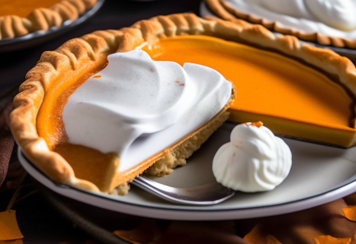 A close up slice of pumpkin pie with whipped cream topping in a pie dish on a table