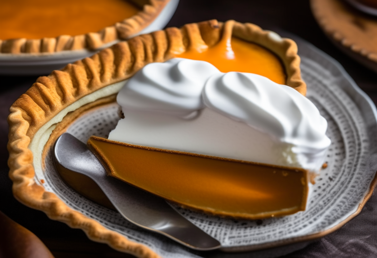 A close up slice of pumpkin pie with whipped cream topping in a pie dish on a table