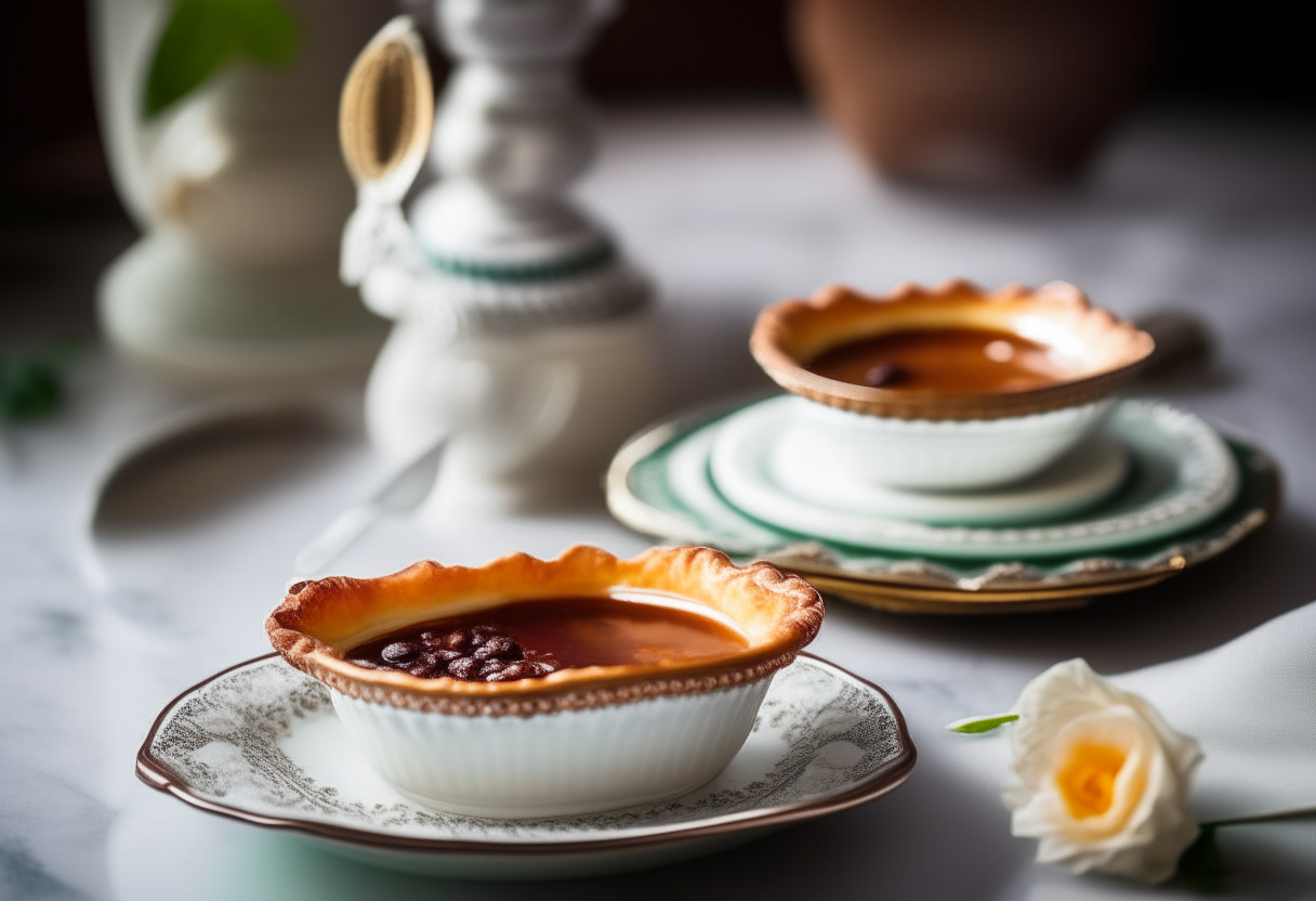 Two ramekins containing crème brûlée with caramelized sugar topping next to a sprig of mint on a table set with fine china