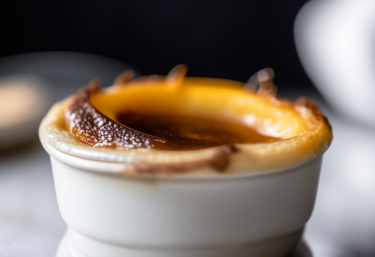 A close up view of a ramekin containing crème brûlée with a caramelized sugar topping