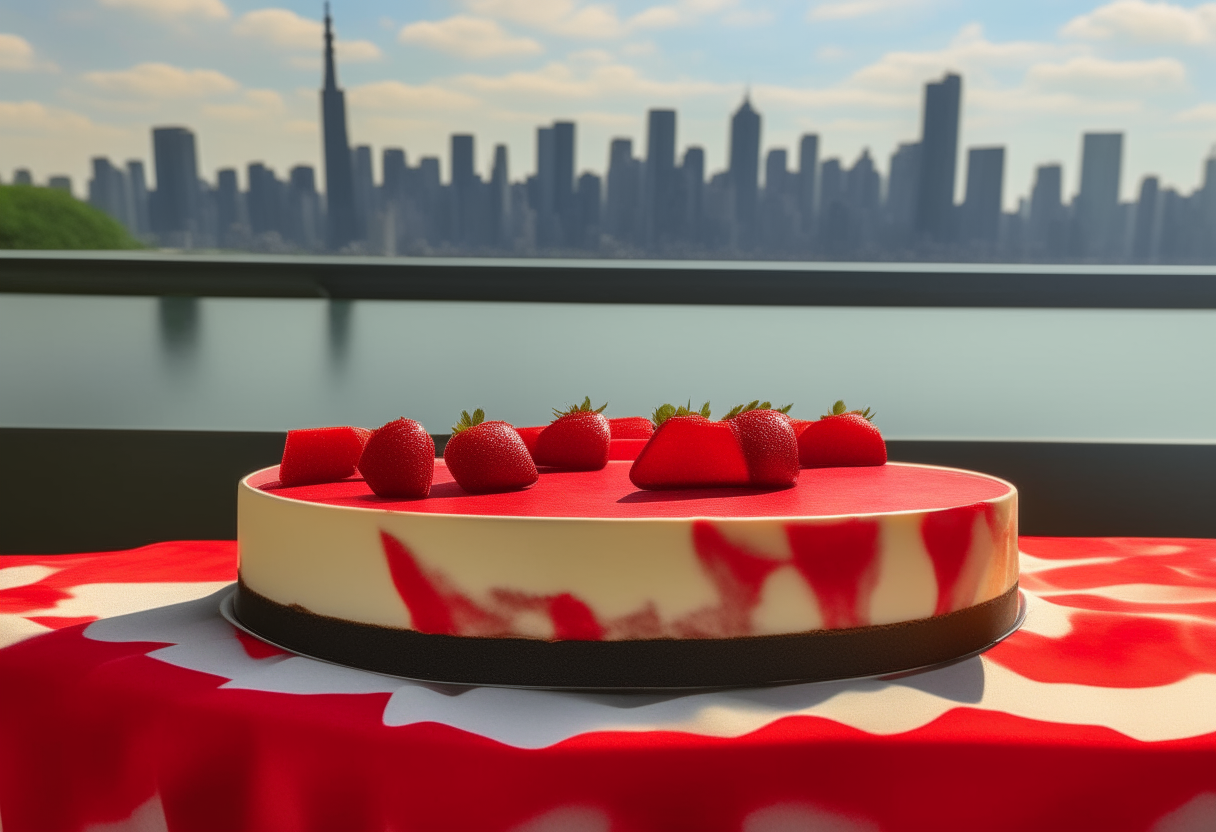 A round New York style cheesecake with strawberries on top, next to a New York City skyline silhouette on a checkerboard tablecloth