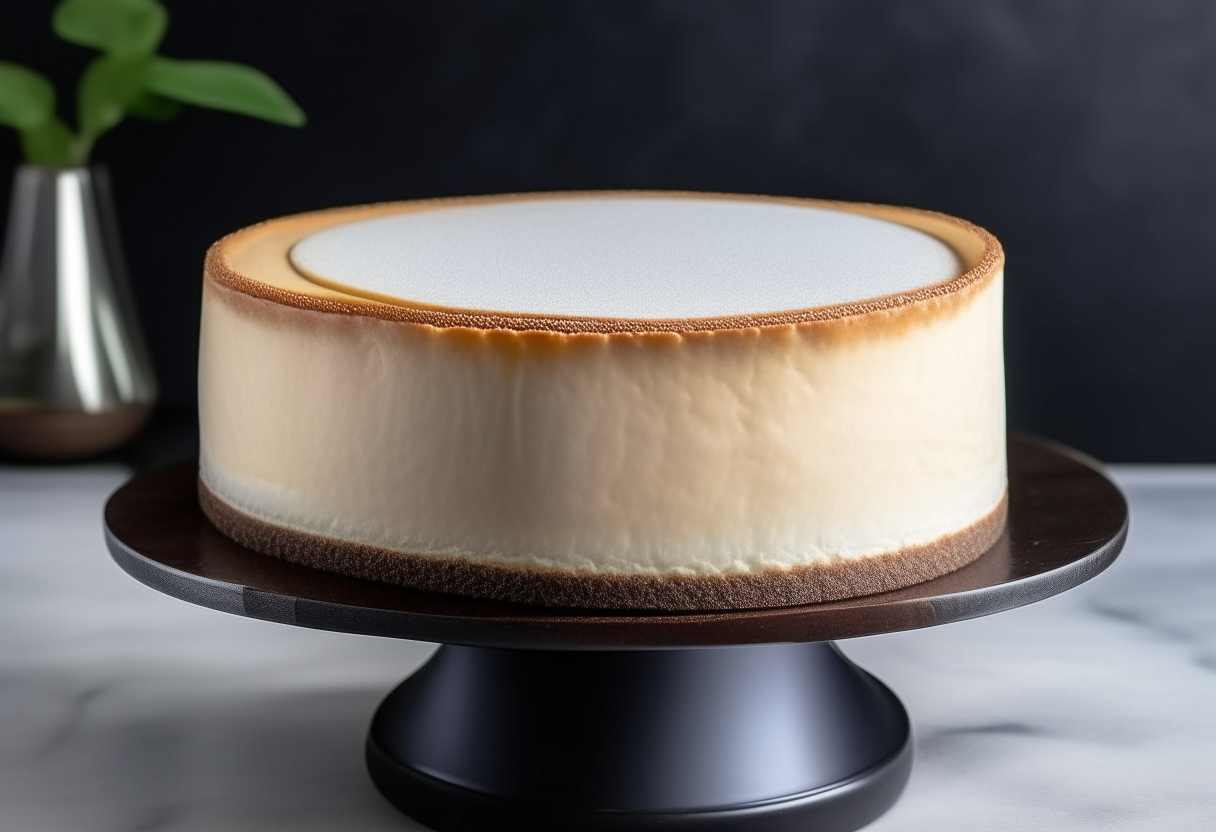 A round New York style cheesecake on a cake stand, with a perfectly smooth top