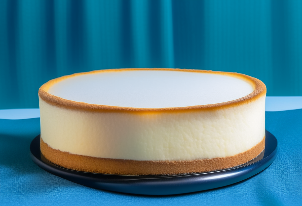 A round New York style cheesecake on a blue tablecloth