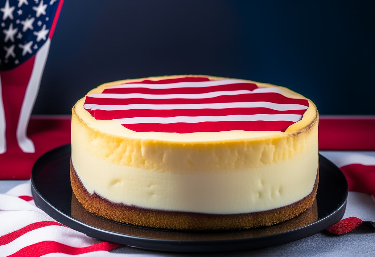 A round New York style cheesecake on a table in front of an American flag