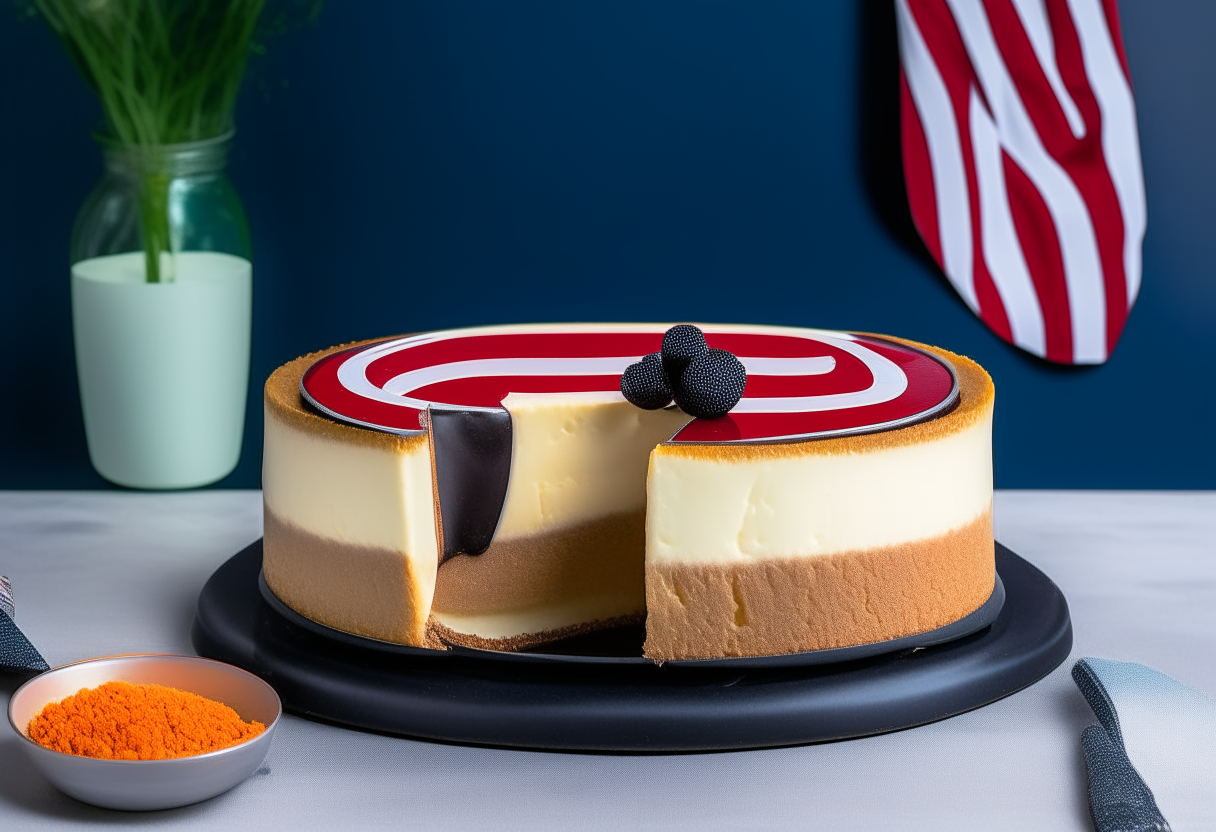 A round New York style cheesecake with the top layer removed on a table in front of an American flag backdrop