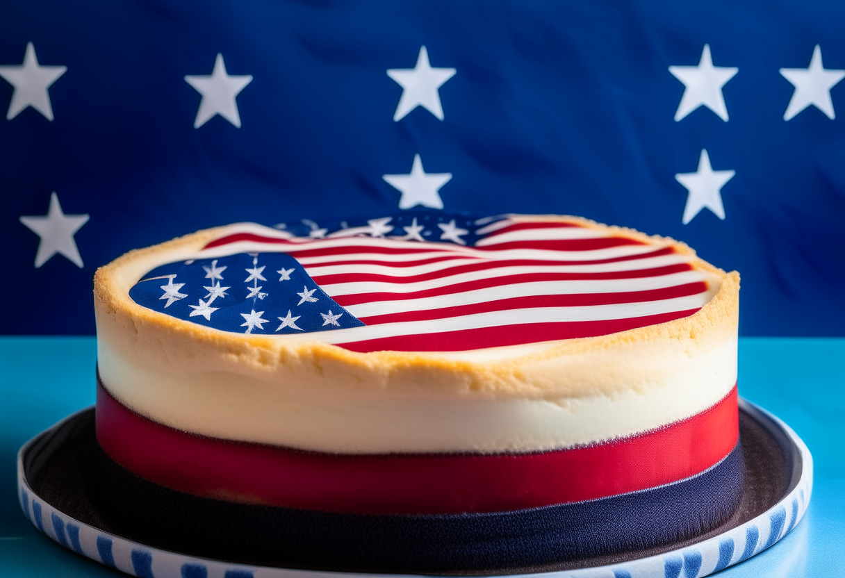 A round New York style cheesecake on a table in front of an American flag backdrop with the blue parts of the flag replaced by a star pattern