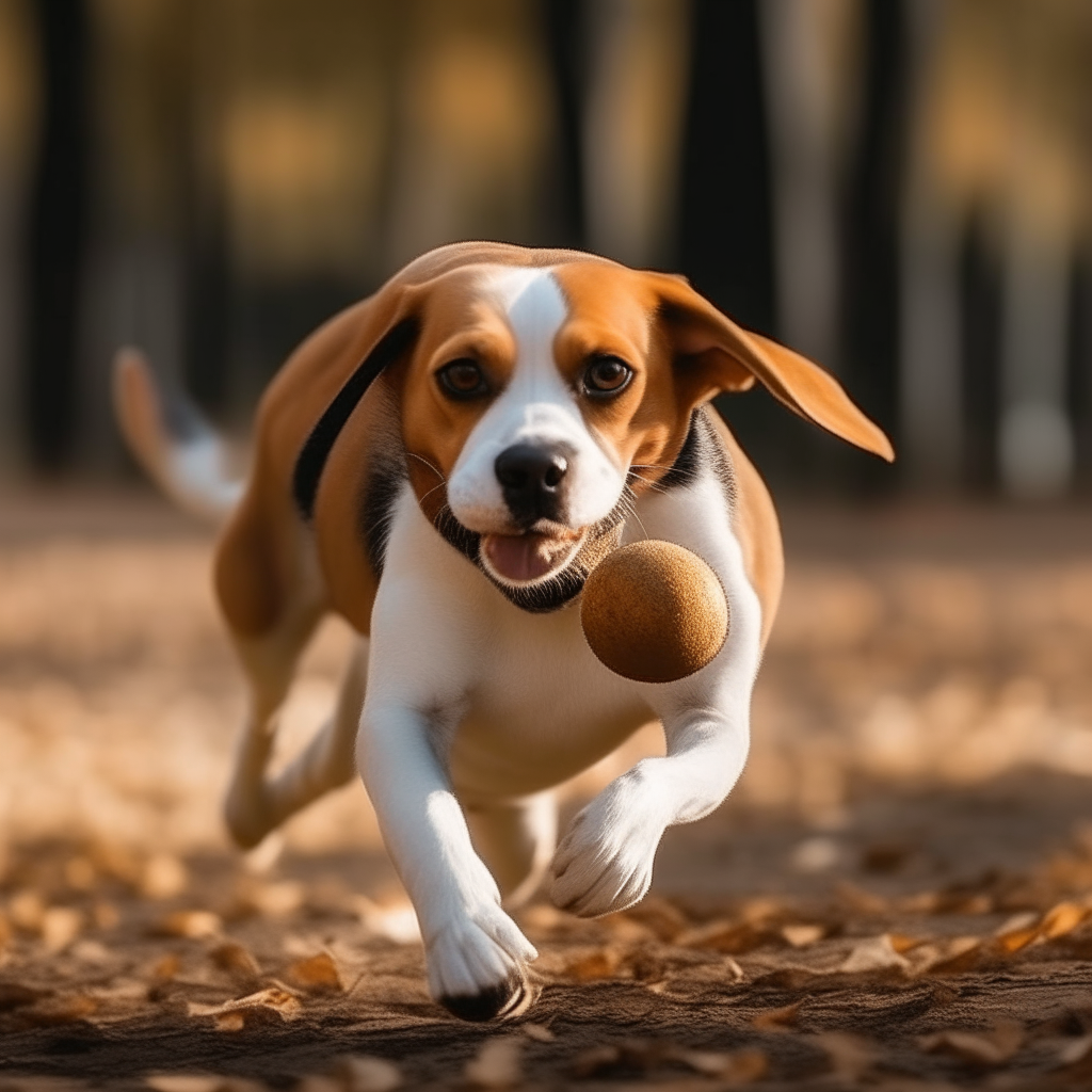 A cute beagle playing with a ball while running