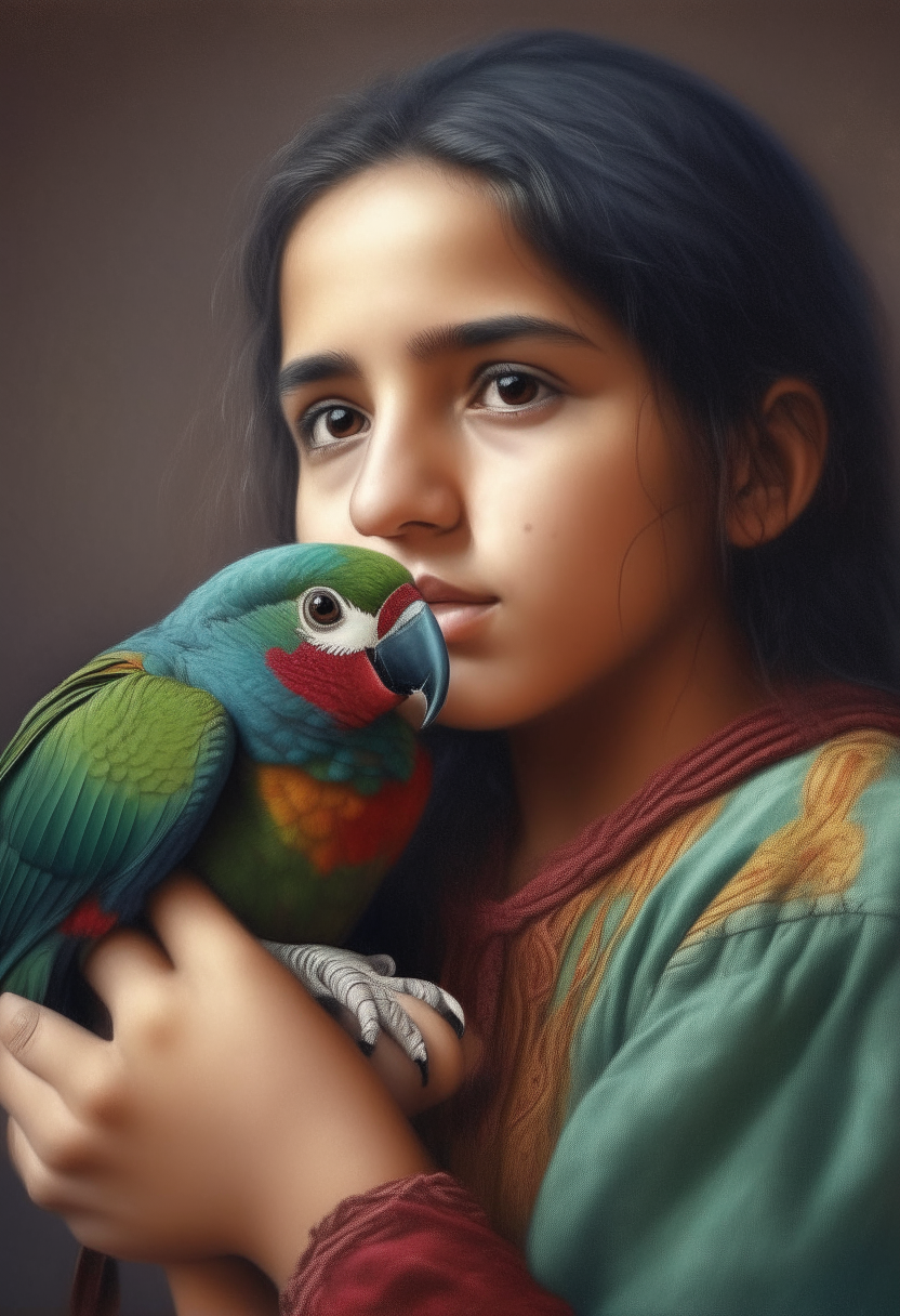 A North African girl hugging a parrot tightly to her chest, photorealistic portrait