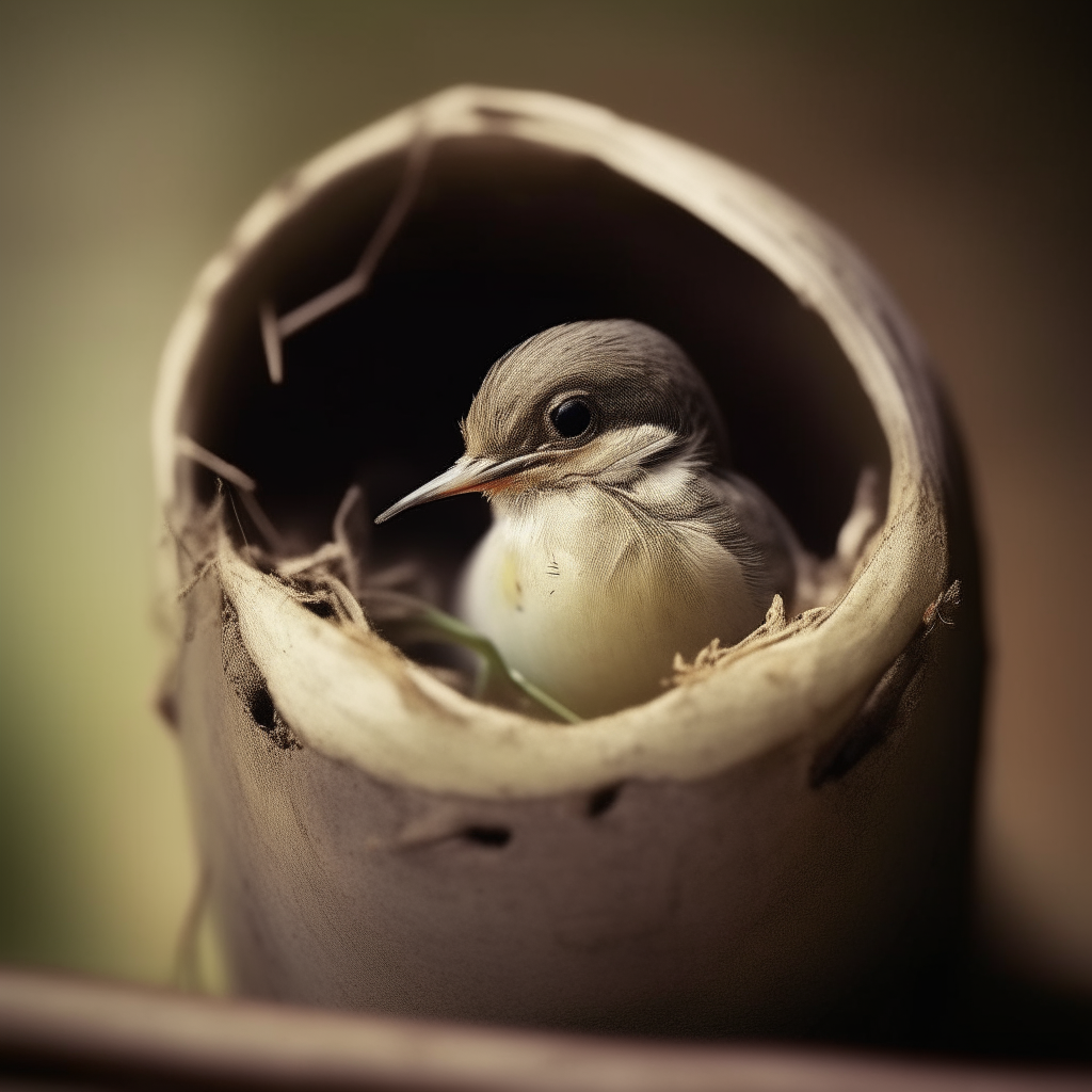 A tiny hummingbird hatchling peeking out of a cracked egg in its nest, photorealistic details