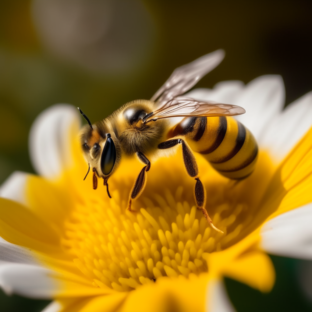 A honeybee collecting nectar from a yellow flower, macro photography, pollen on legs