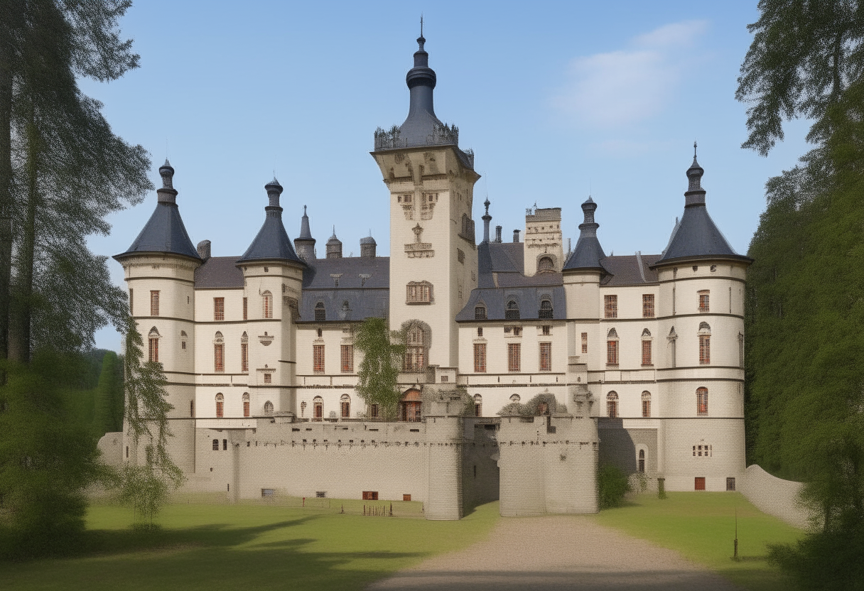 A front-facing view of a large 16th-century Polish castle located next to a dense forest. The castle is made of stone with massive central doors and large windows. A wide central section is flanked by two identical long side sections that cover an inner garden. A large fountain is visible in front of the main entrance. Several guest houses, a stable, and other technical buildings are located on both sides of the castle and were used as dormitories.