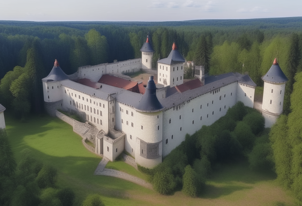 An aerial drone view of a large 16th-century Polish castle located next to a dense forest. The entire walled compound is visible, including the high stone walls, inner garden, guest houses, stables and other buildings. A wide central castle structure is flanked by two long wings, and a large fountain is visible in the inner courtyard.