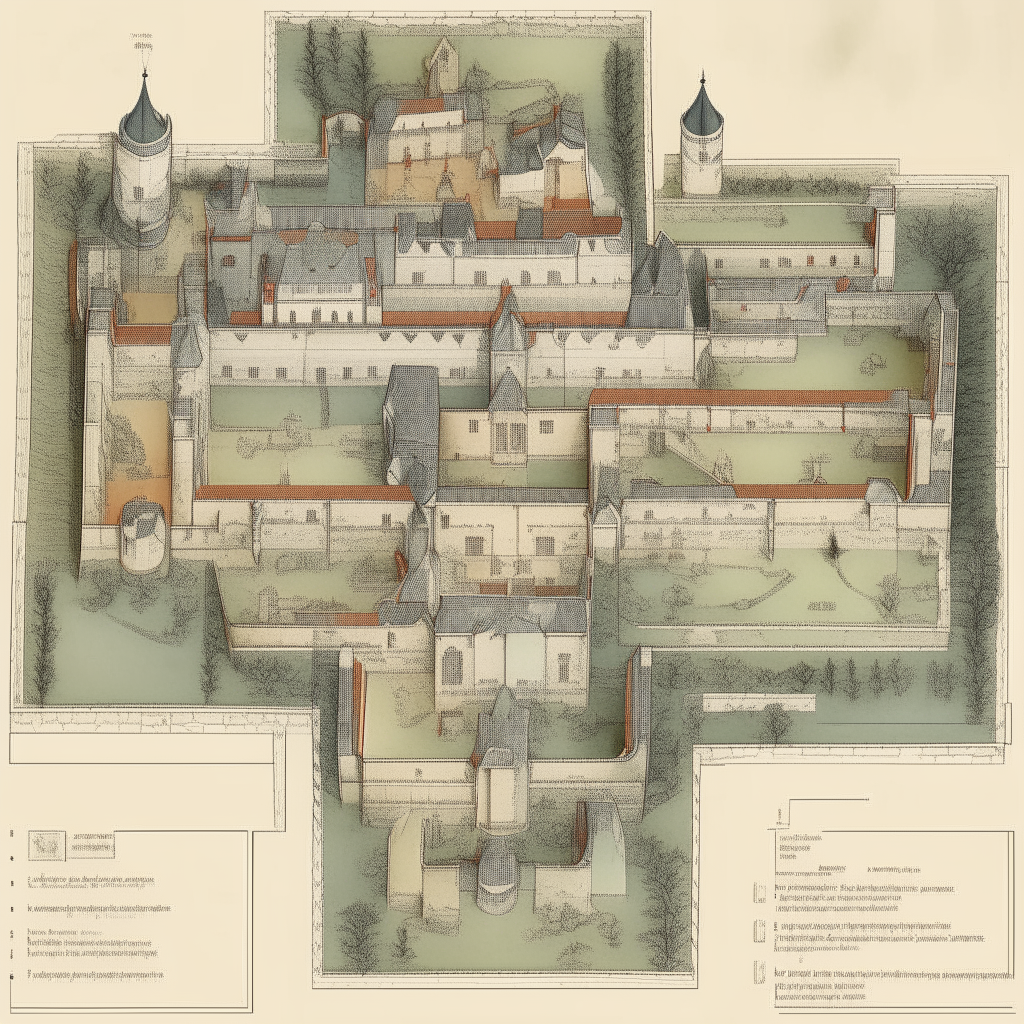 A top-down diagrammatic view of the 16th century Polish castle, showing the main buildings, walls and grounds clearly labeled.
