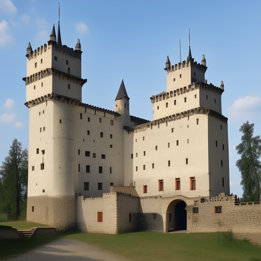 Facade of a 15th century Polish castle featuring square towers connected by curtain walls with battlements.