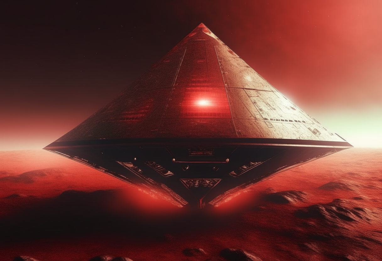a pyramid shaped space ship hovering above a red planet, detailed metallic textures and lights, alien technology