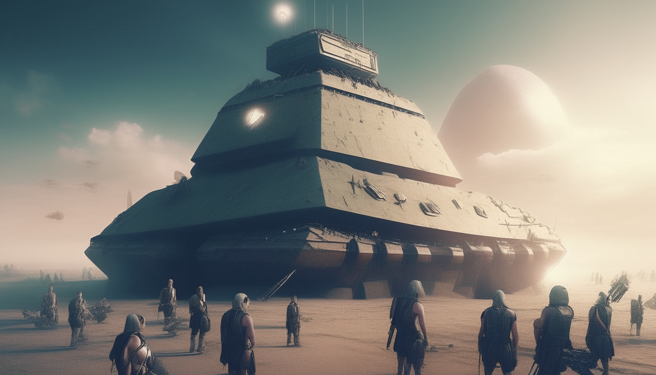 a spaceship shaped like a pyramid surrounded by tanks and men with artillery in a graphic photo-realistic cinematic theme