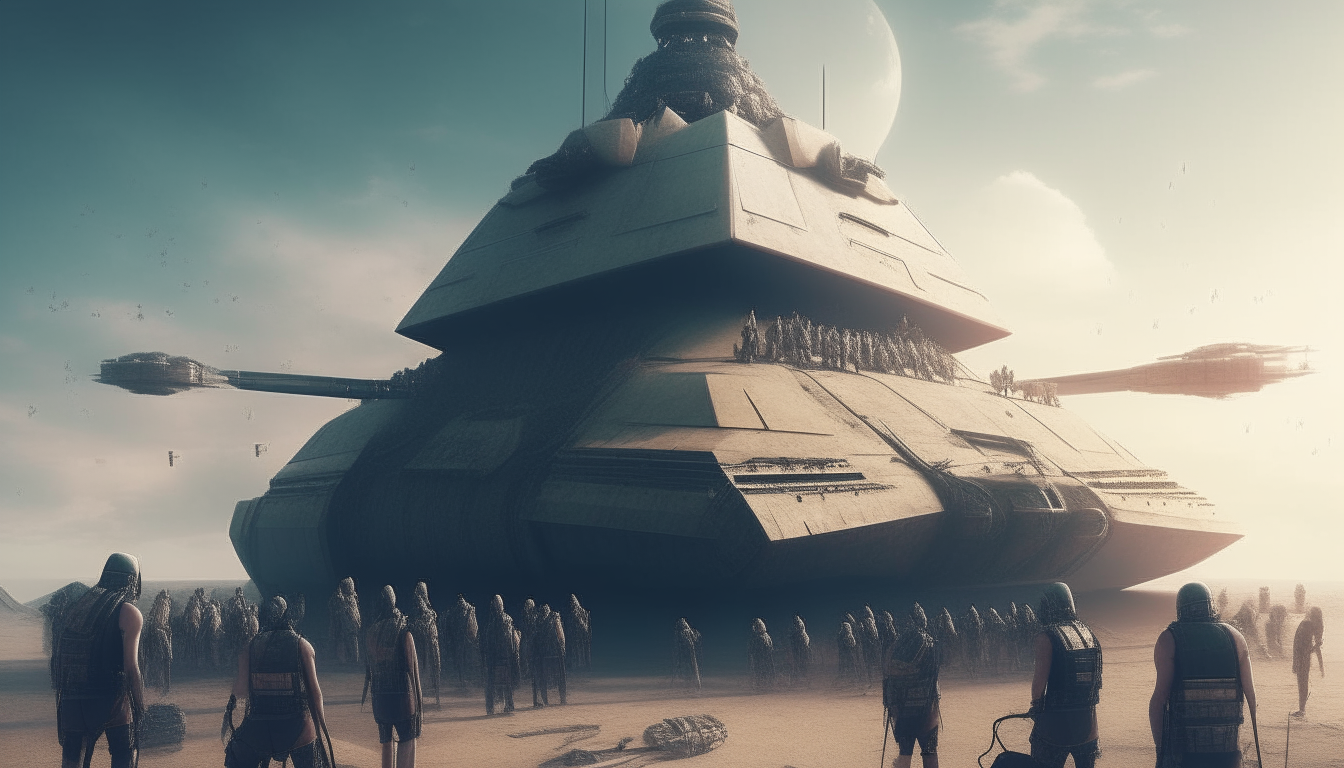 a spaceship shaped like a pyramid surrounded by tanks and men with artillery in a graphic photo-realistic cinematic theme
