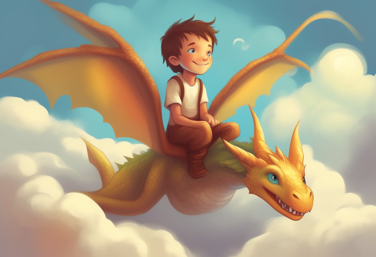 A young angel boy flying through the clouds with a friendly dragon.