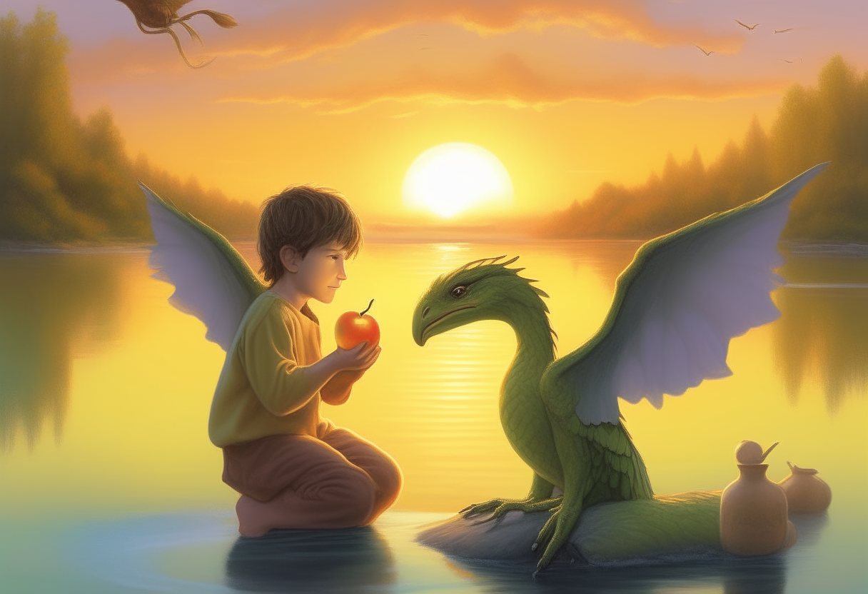 An angel boy feeds an apple to his dragon friend by a tranquil lake at sunset.
